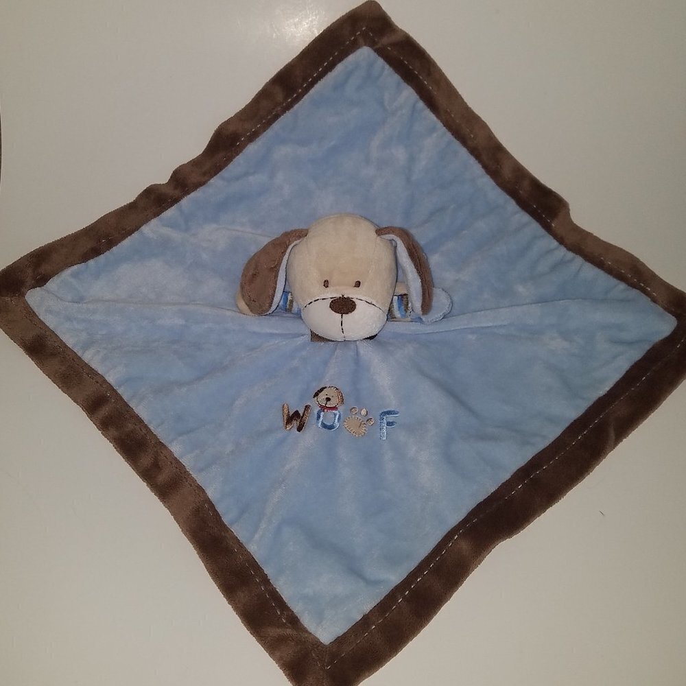 Carter's WOOF Puppy Dog Lovey Rattle Plush Blue Brown Stuffed Animal Baby Toy